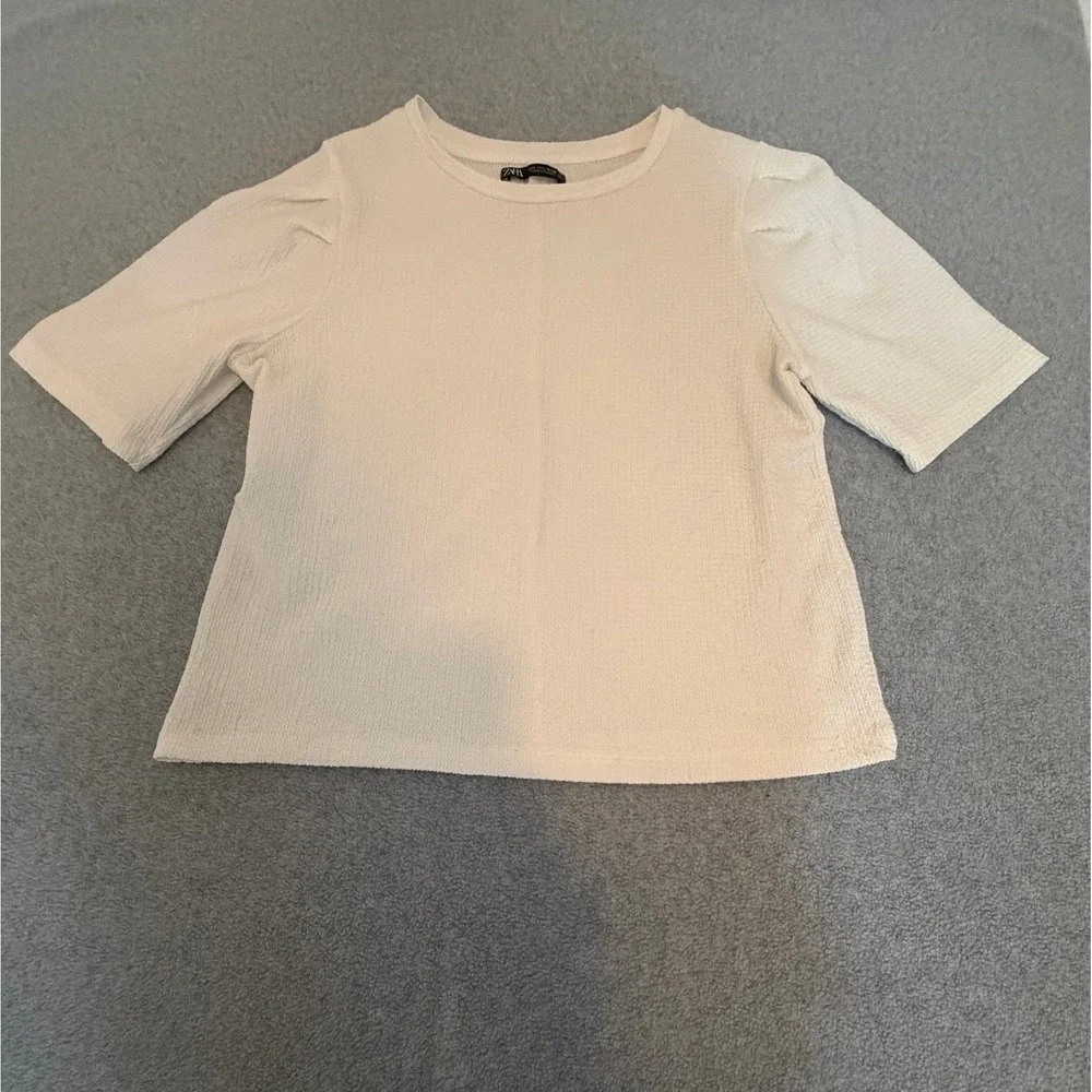 Zara Textured Knit Puff Sleeve Top Cream Off White Short Sleeve Blouse Large